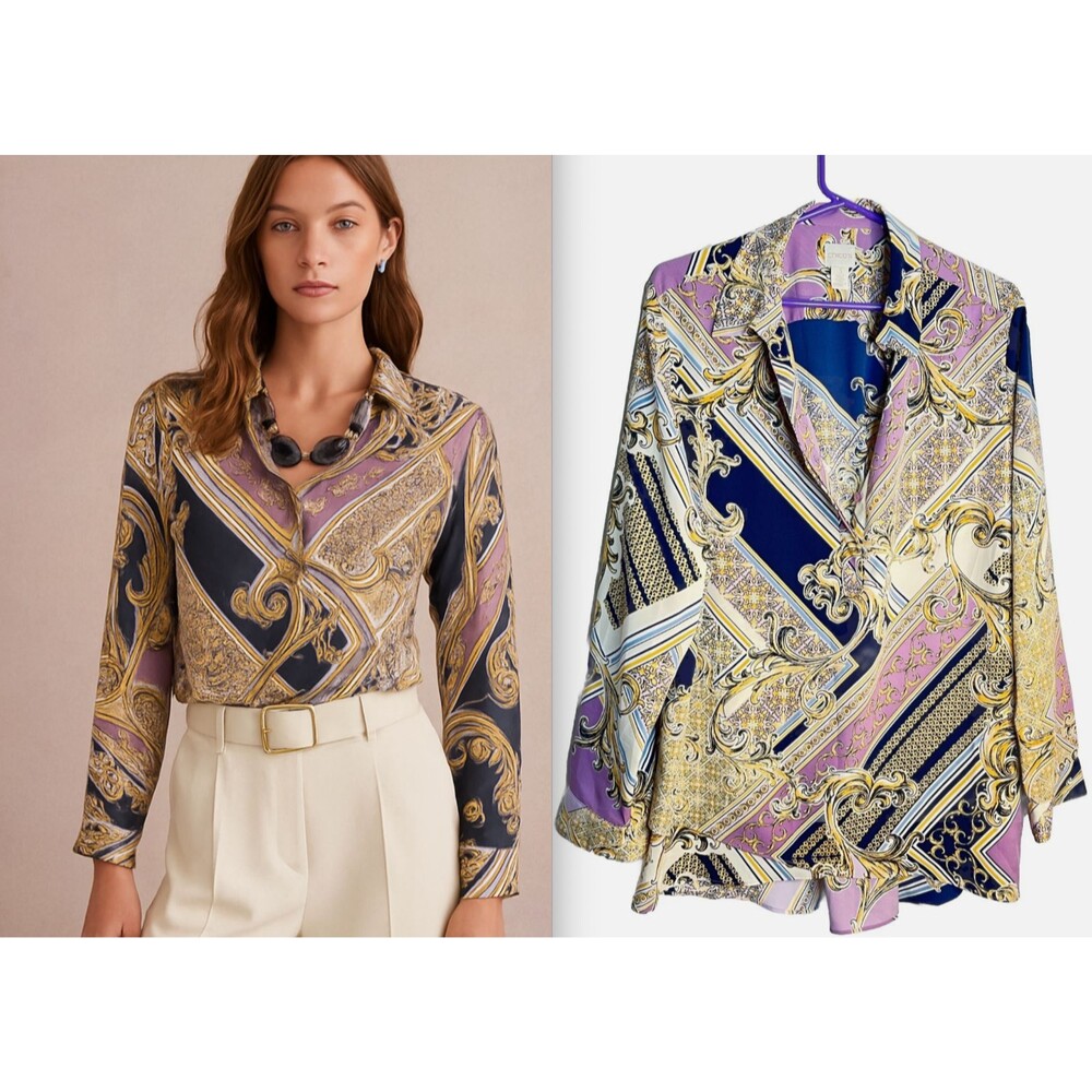 Chicos Scarf Print 80s Inspired Long sleeve Button Blouse sz 1 Medium